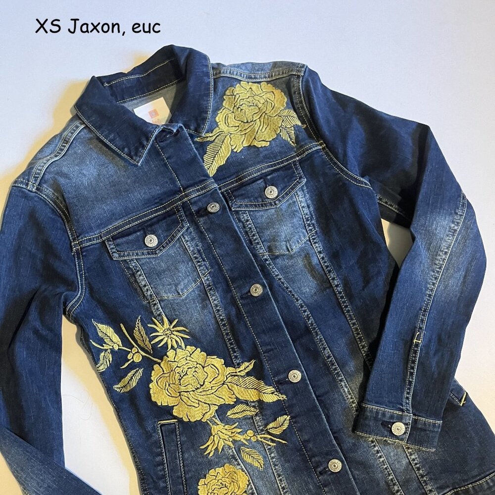 XS Lularoe Jaxon jean jacket, blue with yellow embroidered roses